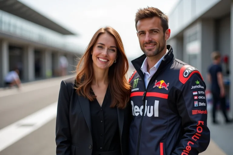 Femme souriante à côté de Zarco dans le paddock MotoGP