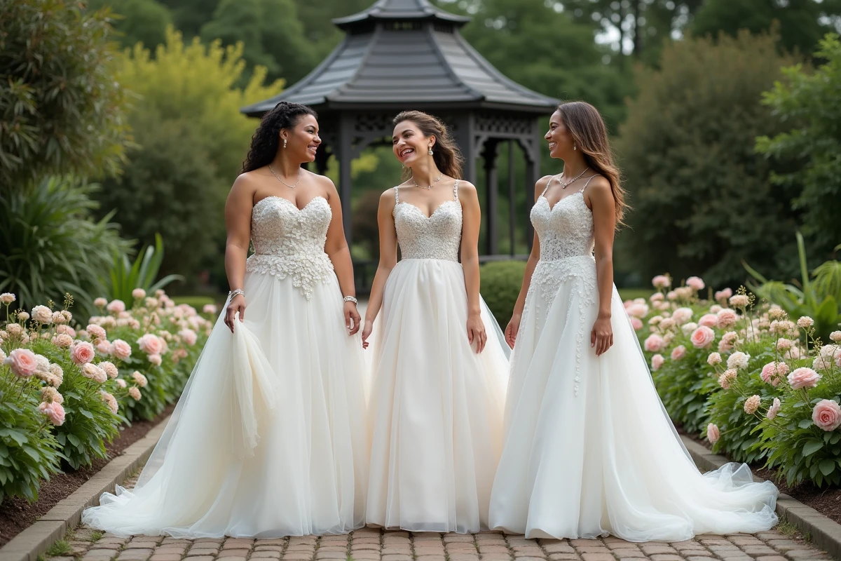 Trois mariées diverses dans un jardin en pleine fête