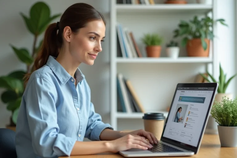 Femme gérant son compte d'annonces en ligne sur un ordinateur portable dans un bureau à domicile