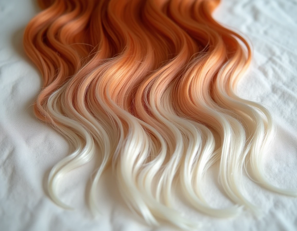 Gros plan sur des cheveux féminins montrant les différentes étapes de la transition du roux au blanc, avec un dégradé naturel de couleur