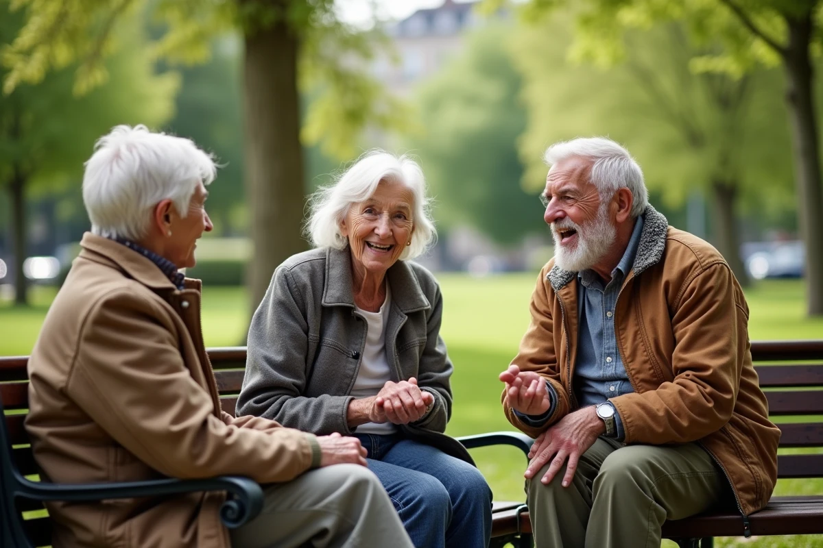 Groupe de seniors discutant dans un jardin urbain