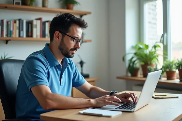 Homme d'âge moyen utilisant un ordinateur Linux dans un bureau lumineux