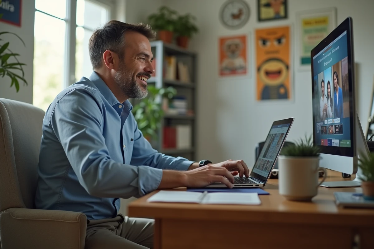 Homme assis à son bureau regardant une série sur son ordinateur