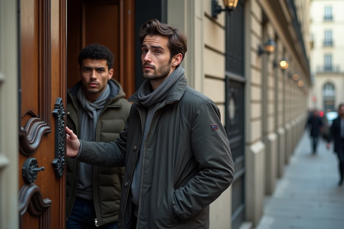 Homme français ouvre la porte d un immeuble parisien