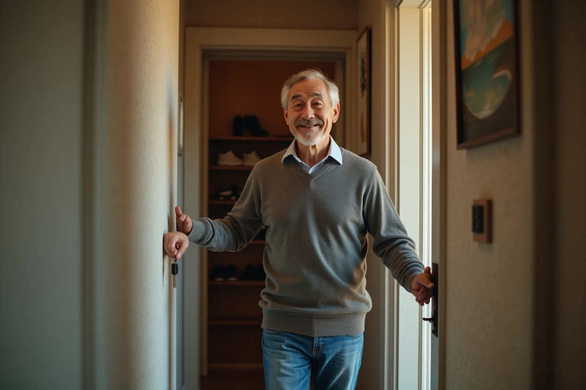 Homme souriant entrant dans son appartement avec ses clés