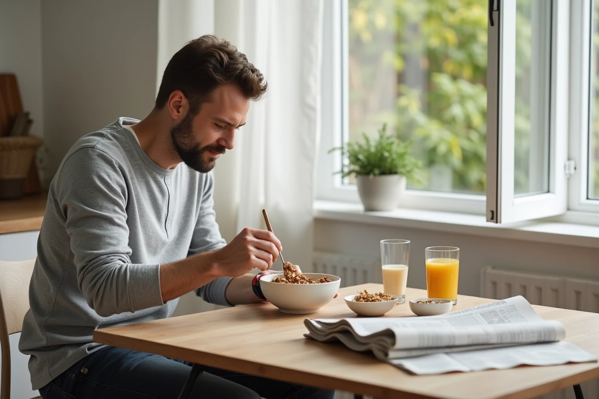 Homme dégustant un bol de granola maison aux flocons d'avoine dans une cuisine scandinave lumineuse