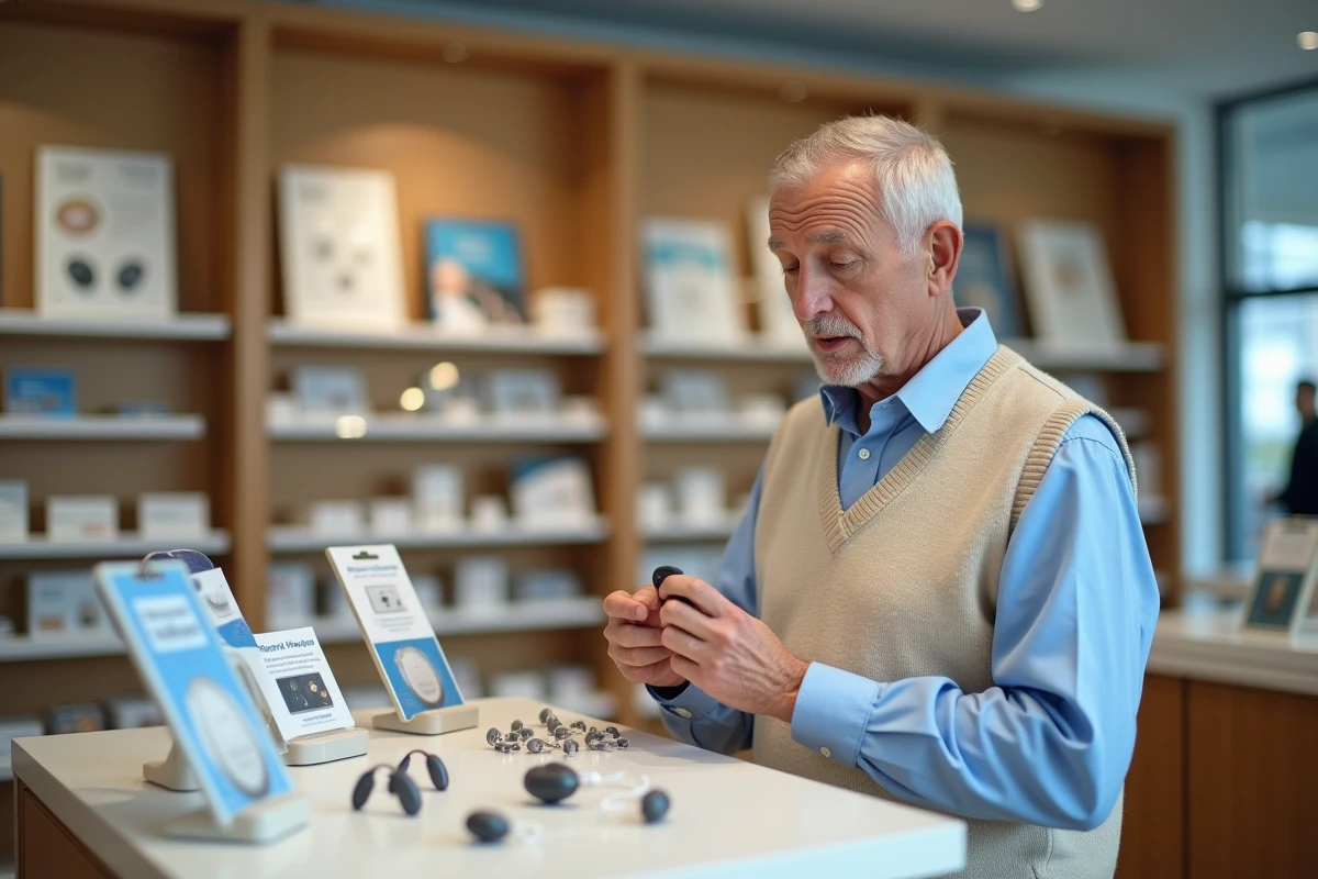 Homme âgé examinant des aides auditives en magasin