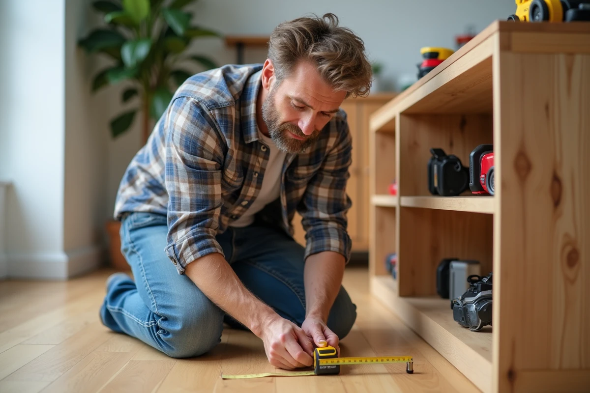 Homme mesurant une étagère en bois dans un salon