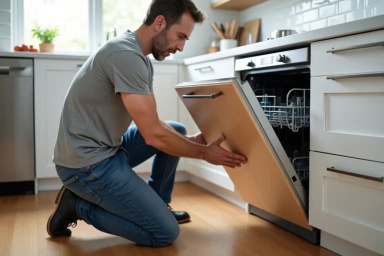 Homme d'âge moyen installant une porte de lave-vaisselle en cuisine