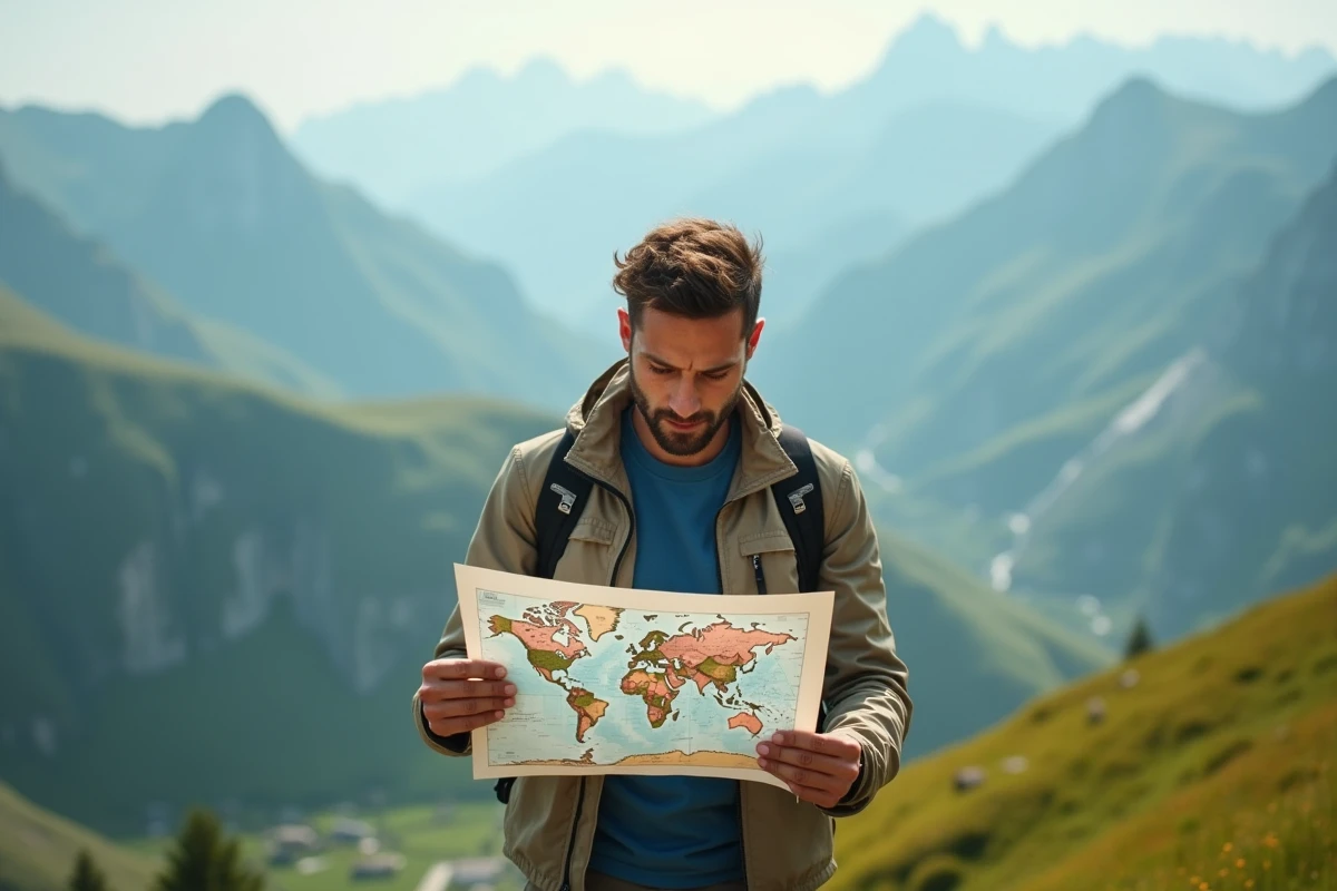 Homme regardant une carte en montagne avec vue sur la vallée