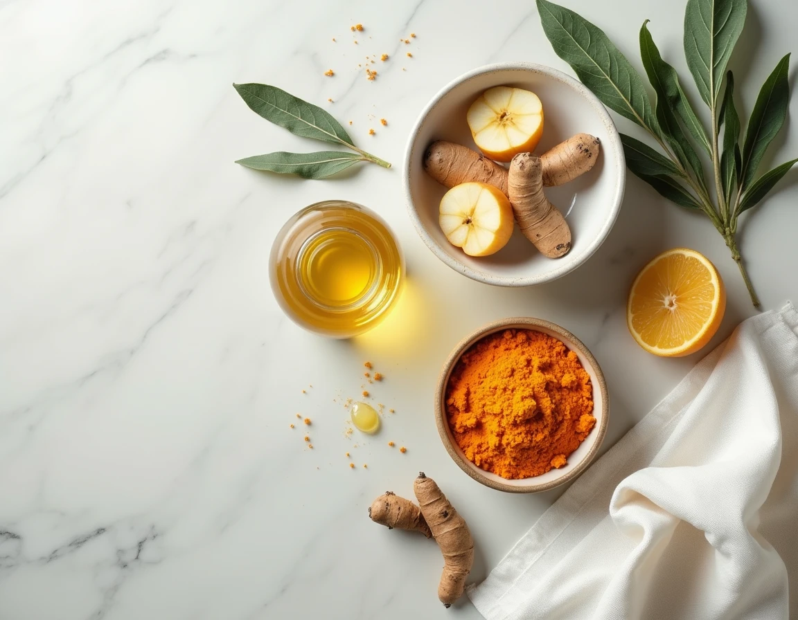 Mise à plat d'ingrédients naturels utilisés pour traiter un lipome à domicile : vinaigre de cidre, curcuma, huile de ricin et feuilles de sauge sur marbre blanc