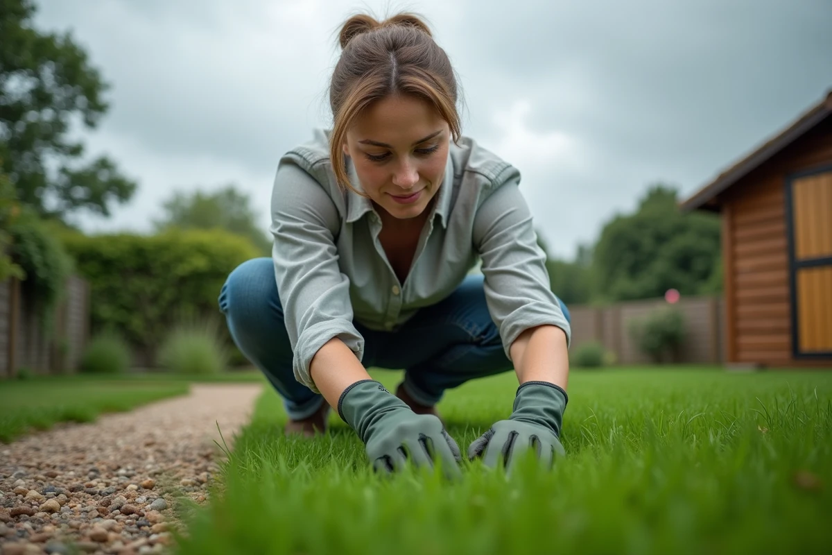 Femme inspectant de près les brins d'herbe d'une pelouse fraîchement tondue après une pluie