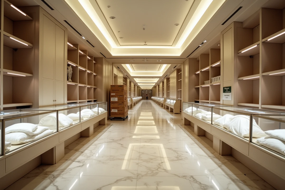 Intérieur vide d'un magasin Galeries Lafayette en cours de fermeture avec comptoirs recouverts de housses blanches
