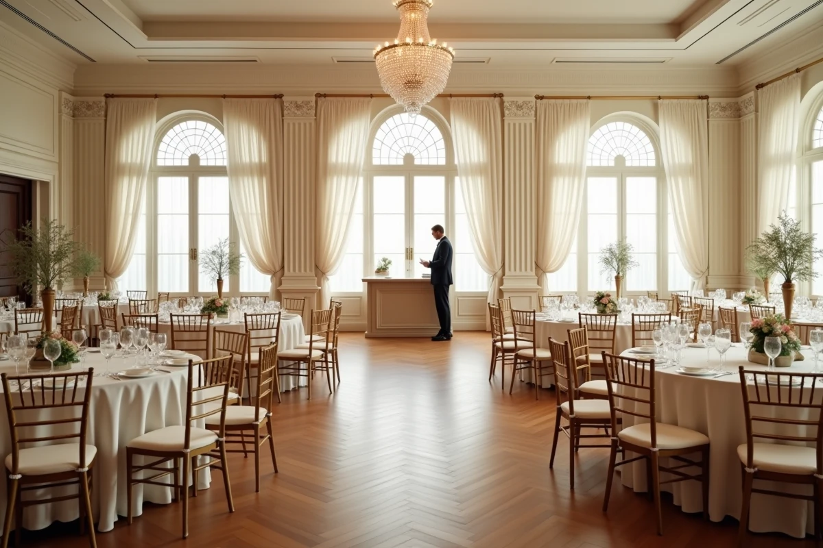 Salle de réception élégante vide avec tables dressées et gérant consultant des documents administratifs en arrière-plan