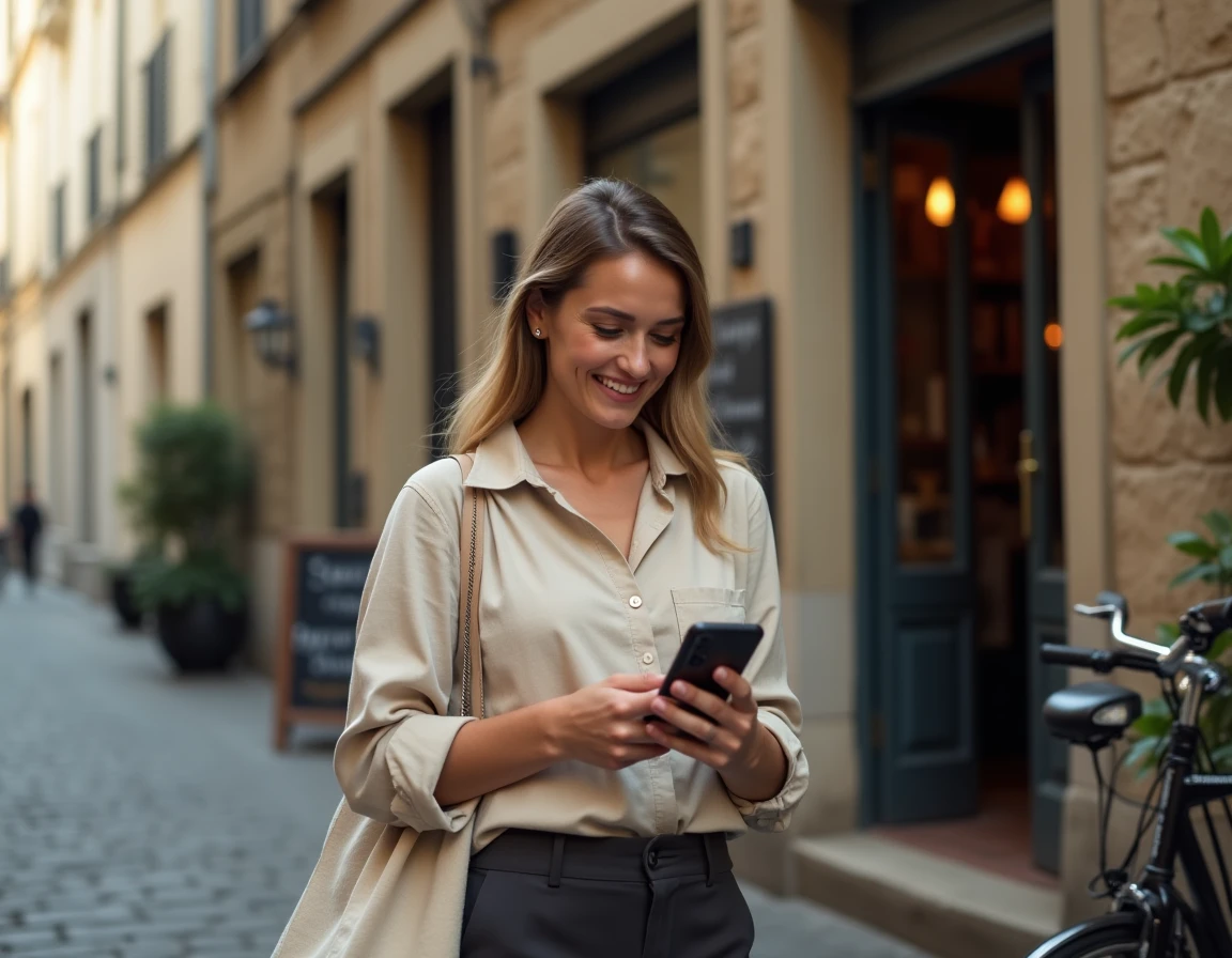 Jeune auto-entrepreneuse devant sa boutique artisanale dans une rue française, consultant son smartphone
