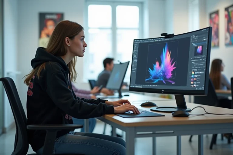 Jeune femme concentrée travaillant sur un logiciel de motion design