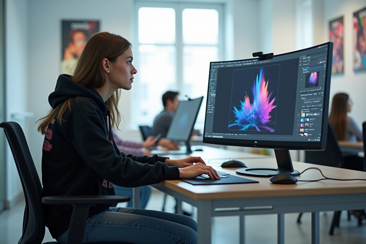 Jeune femme concentrée travaillant sur un logiciel de motion design