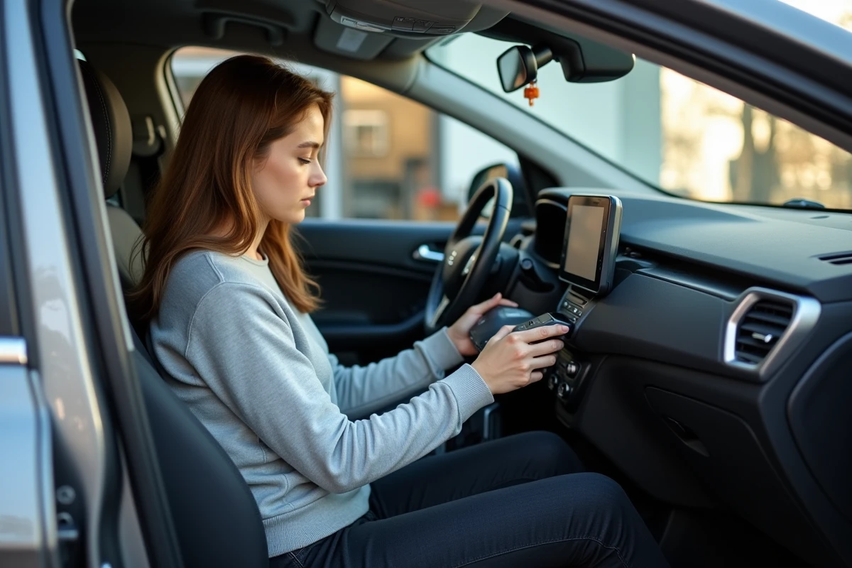 Jeune femme utilise un scanner sur le tableau de bord de sa voiture