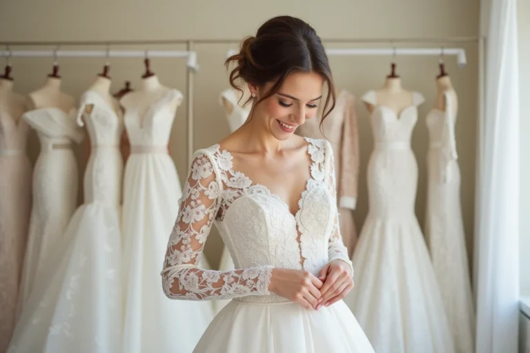 Jeune femme souriante ajustant sa robe de mariage en dentelle