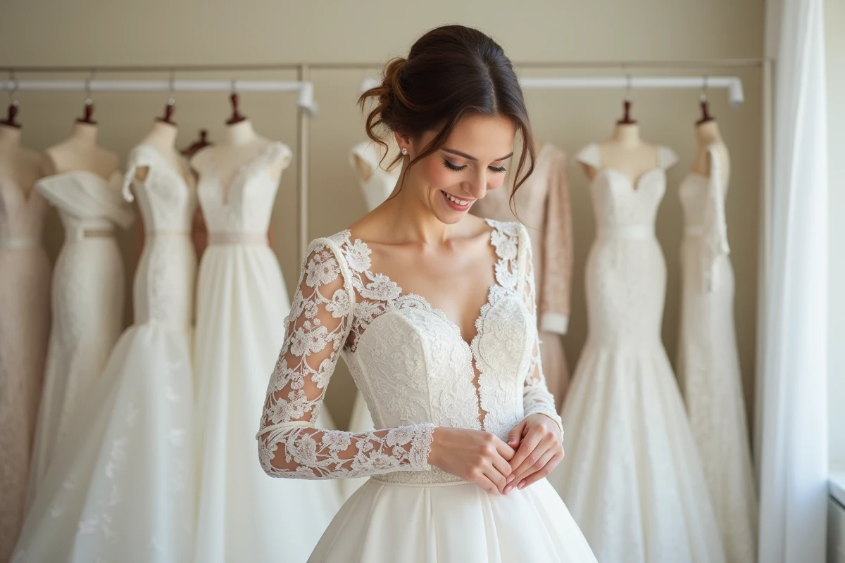 Jeune femme souriante ajustant sa robe de mariage en dentelle