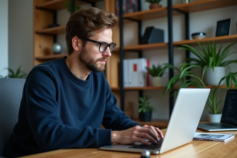 Jeune homme travaillant sur un ordinateur portable avec terminal Linux
