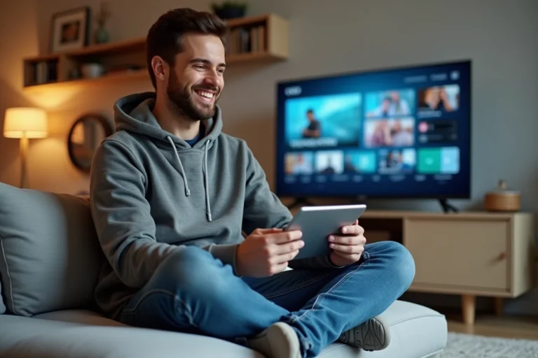 Jeune homme détendu avec tablette dans un salon moderne