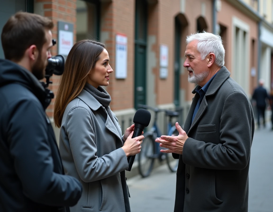 Journaliste locale interviewant un habitant dans la rue pour un reportage d'actualités régionales