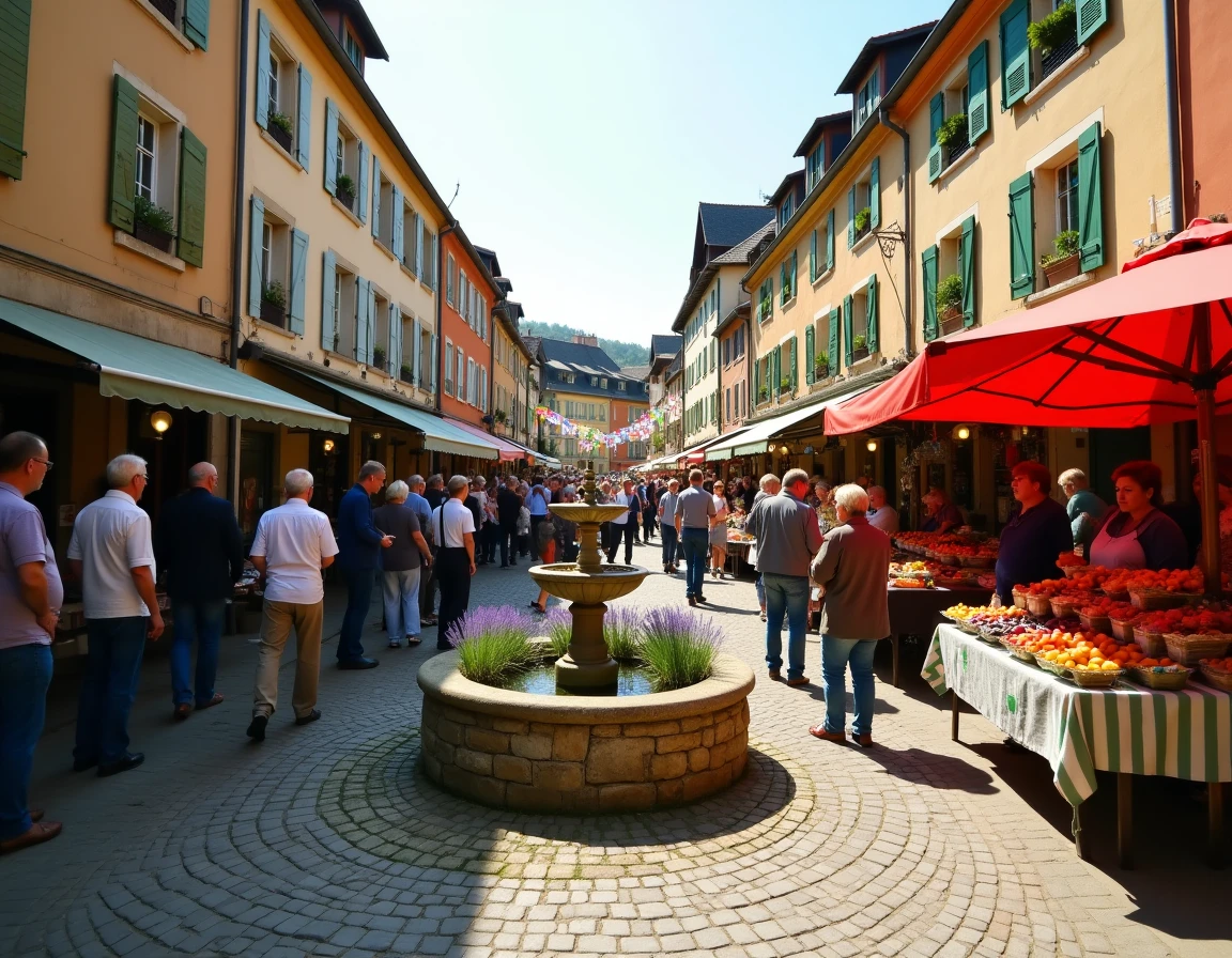 Marché local animé sur une place du village avec des habitants et des stands de produits régionaux