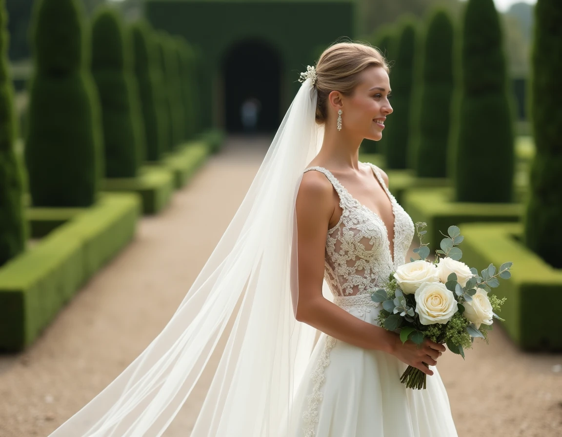 Mariée en robe ivoire avec voile cathédrale dans un jardin à la française lors d'une séance photo de mariage