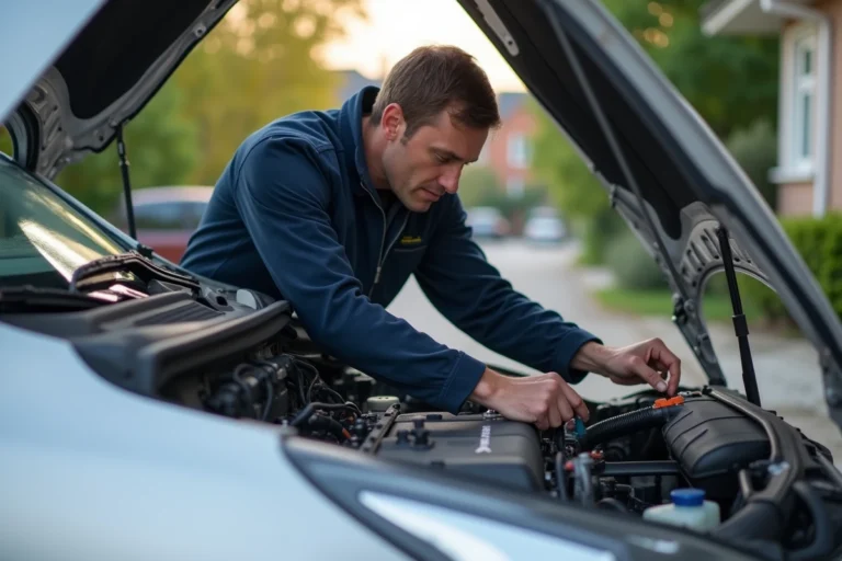 Mécanicien homme examine le moteur d'une voiture silver