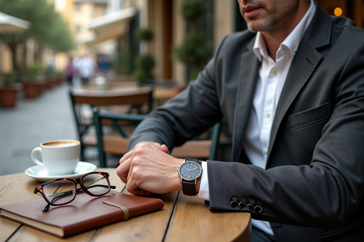 Homme d'affaires élégant ajustant sa montre de luxe dans un café européen en terrasse