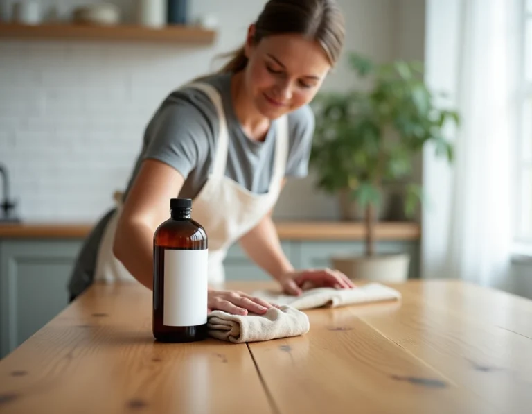 Femme appliquant un nettoyant naturel sur une table en chêne massif dans une cuisine scandinave lumineuse