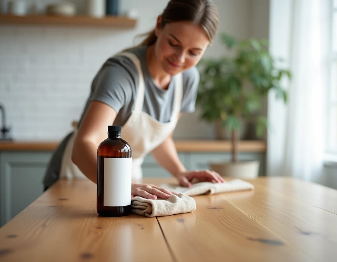 Femme appliquant un nettoyant naturel sur une table en chêne massif dans une cuisine scandinave lumineuse