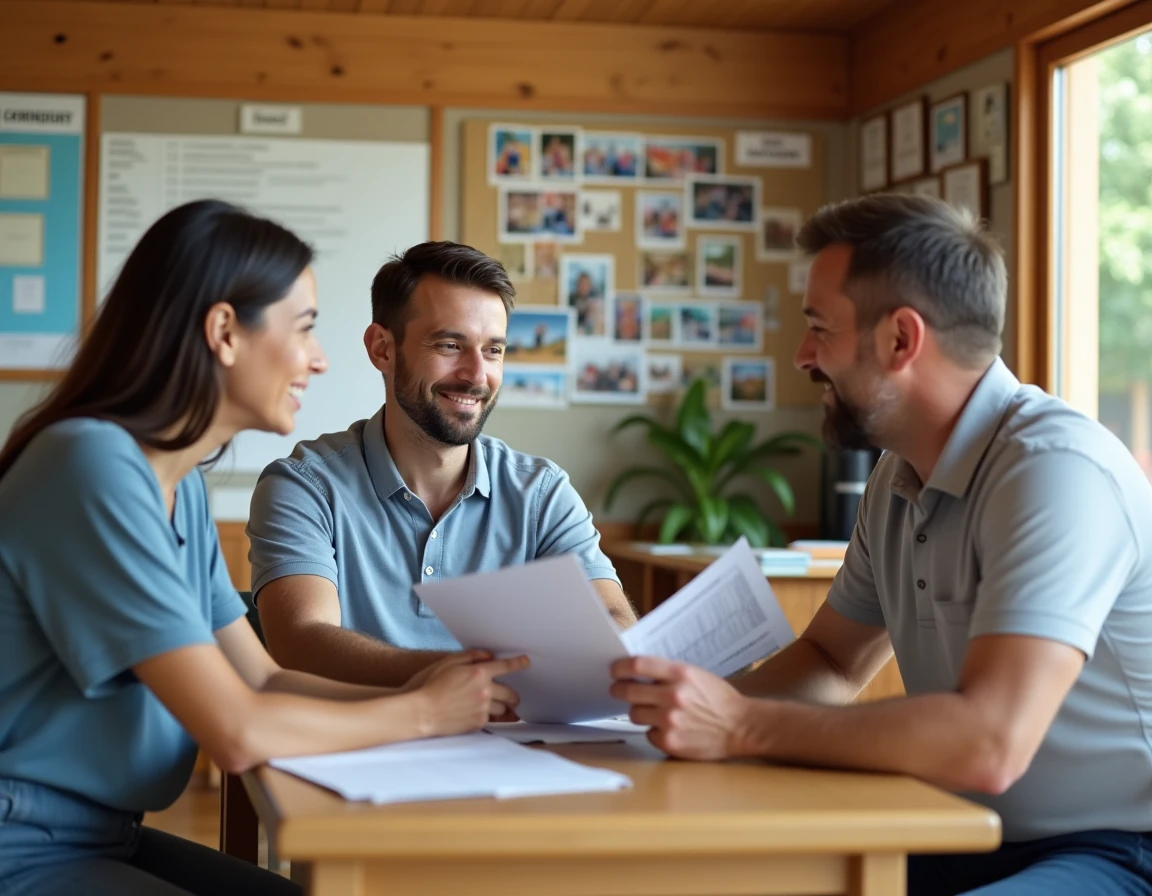 Parents rencontrant le directeur d'une colonie de vacances pour choisir le séjour de leur enfant