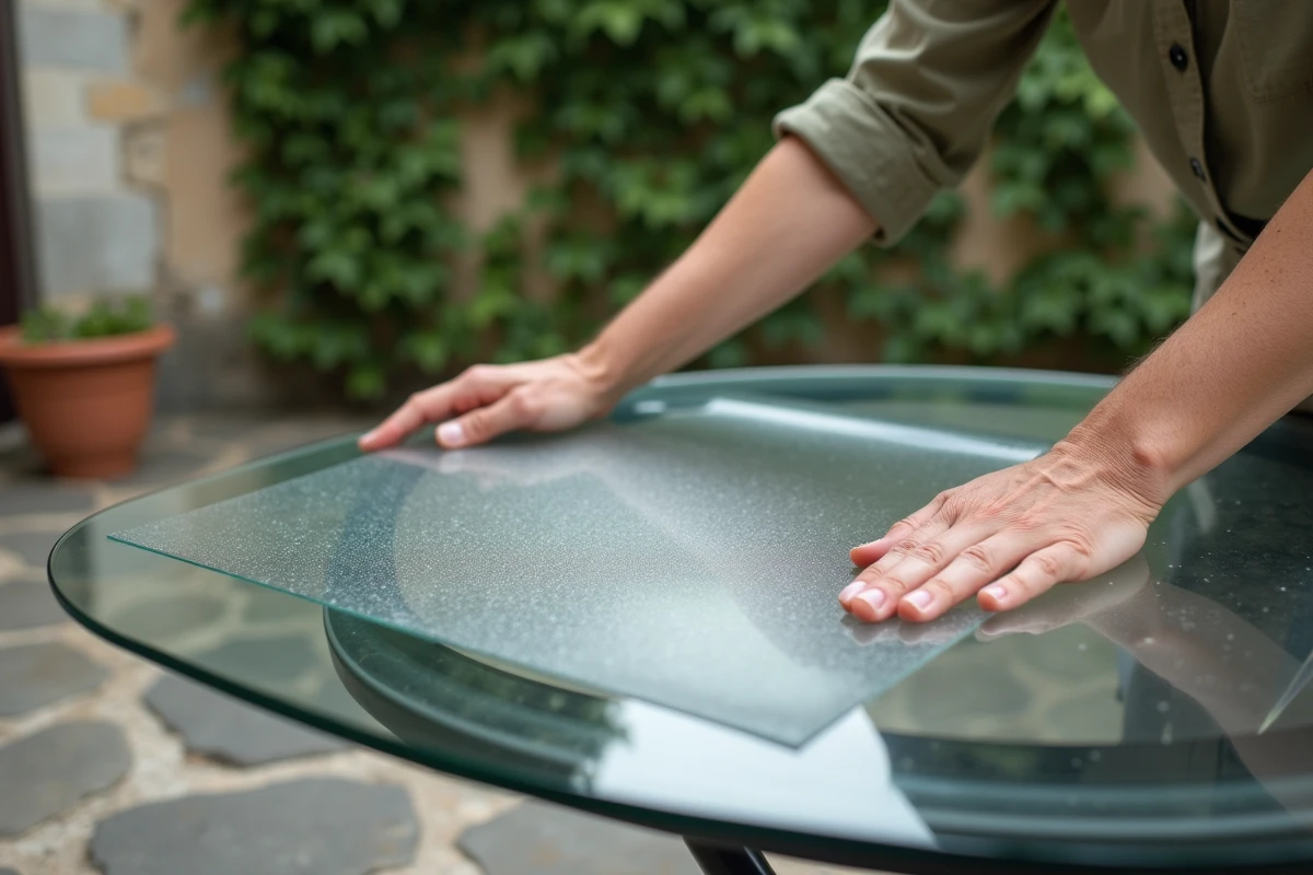 Femme appliquant un film protecteur anti-rayures sur une table ronde en verre sur une terrasse en pierre