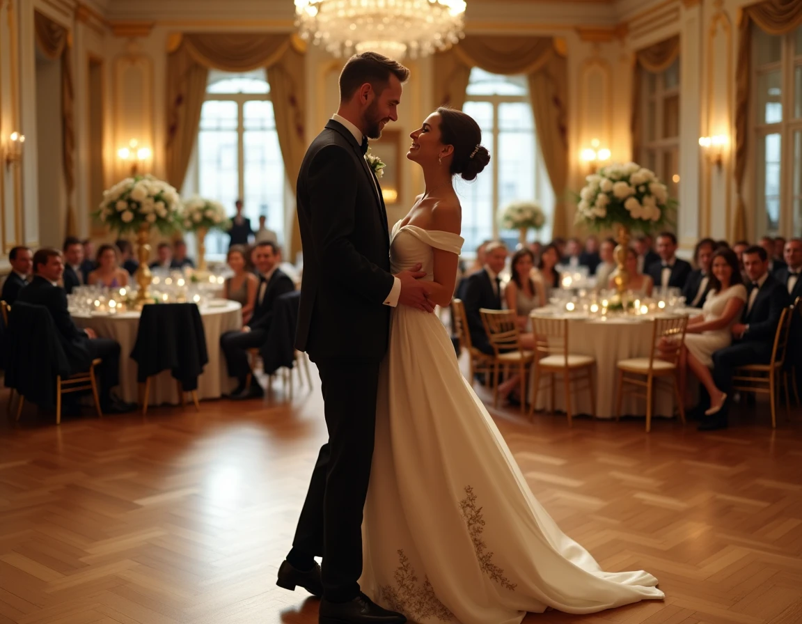 Couple de mariés dansant lors d'une réception de mariage élégante dans un salon haussmannien décoré de pivoines blanches