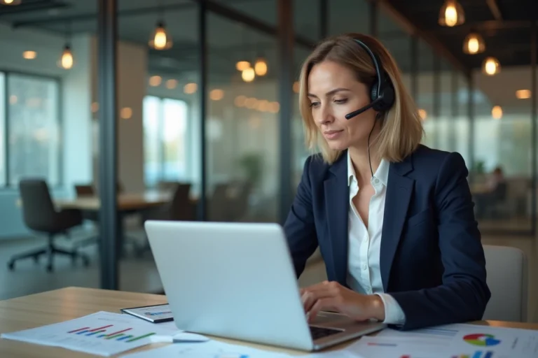 Commerciale B2B en prospection téléphonique avec casque dans un bureau moderne