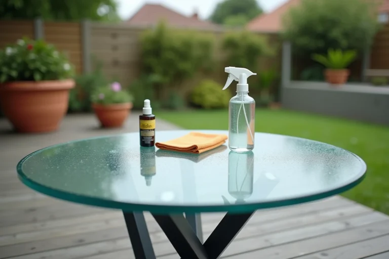 Table en verre extérieure traitée avec un produit protecteur transparent dans un jardin moderne avec terrasse en bois