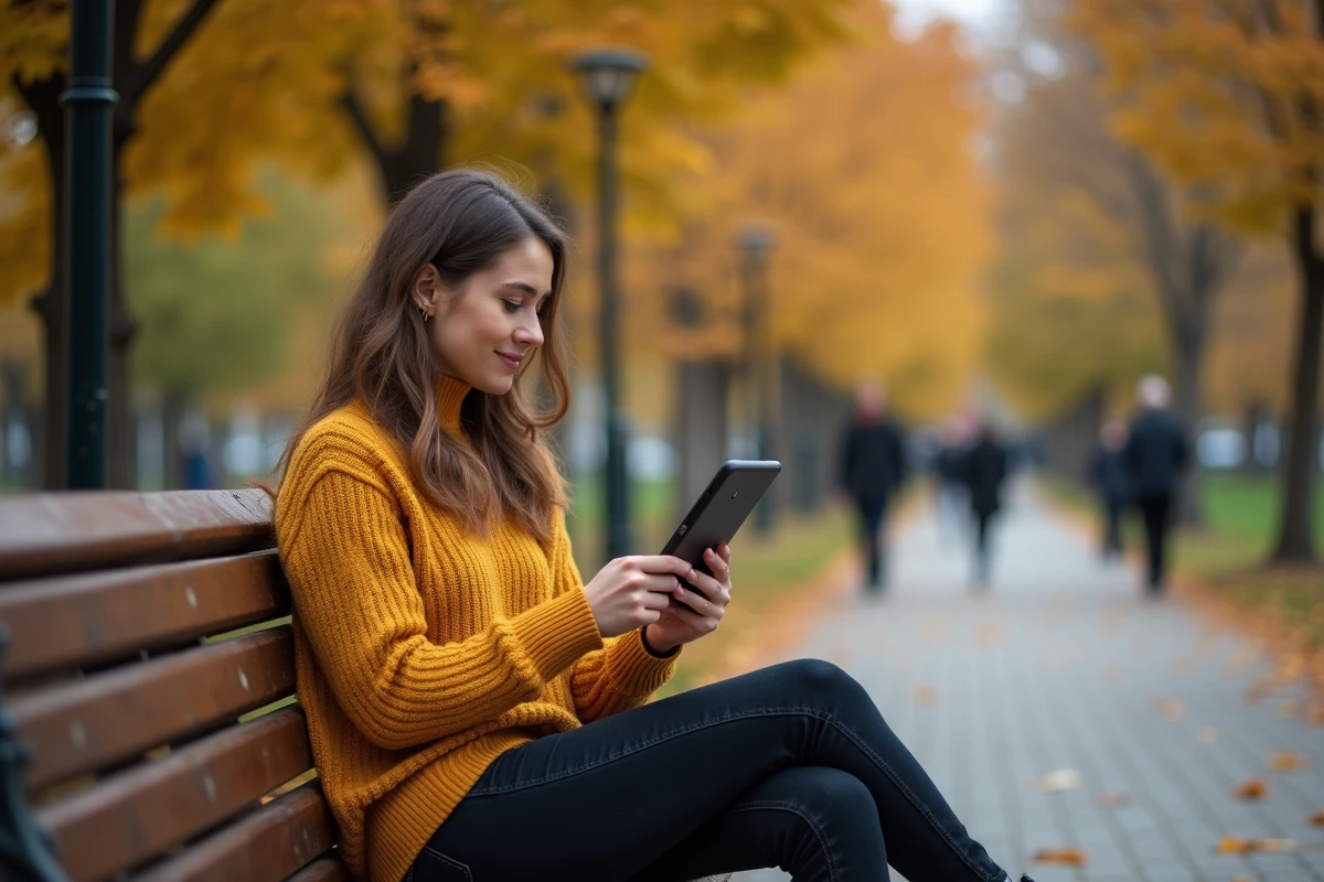 Jeune femme publiant une annonce gratuite sur tablette dans un parc en automne