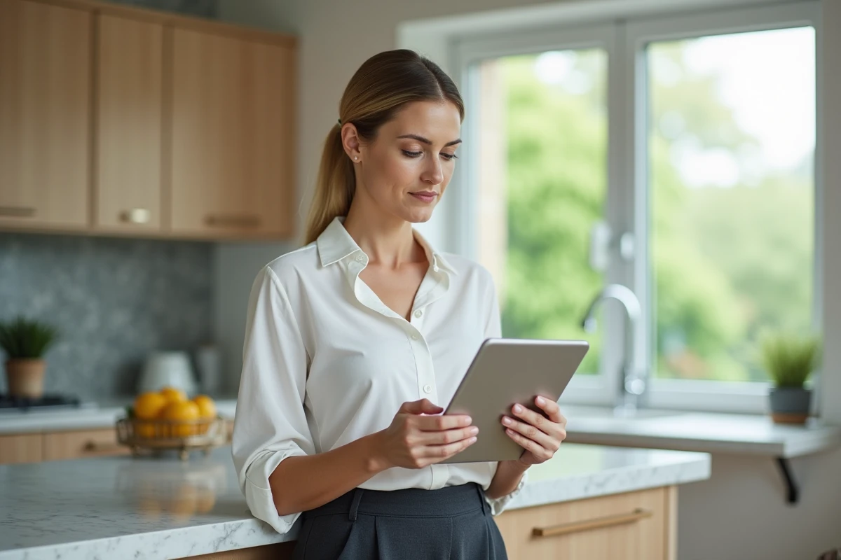 Femme consultant un formulaire de récupération de compte sur tablette dans une cuisine moderne