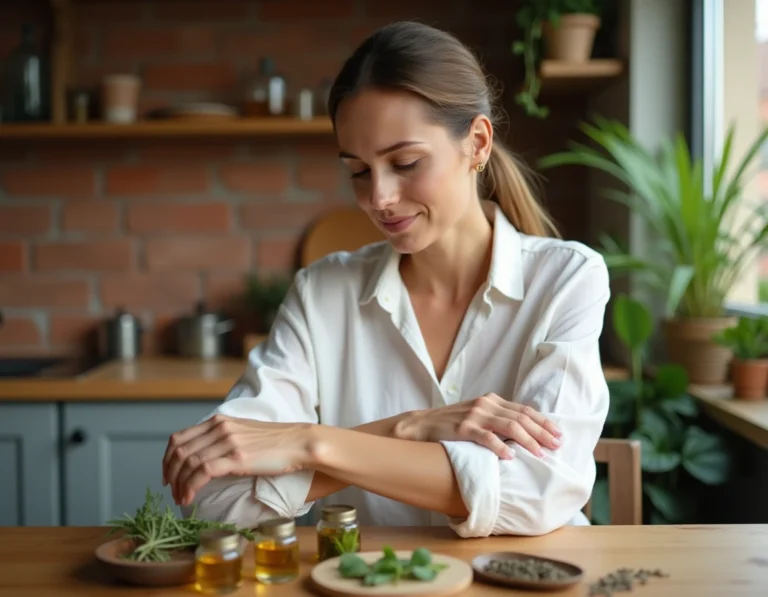 Femme appliquant un remède naturel à base de plantes sur un lipome visible sur son avant-bras, avec des huiles essentielles et herbes médicinales posées sur une table en bois