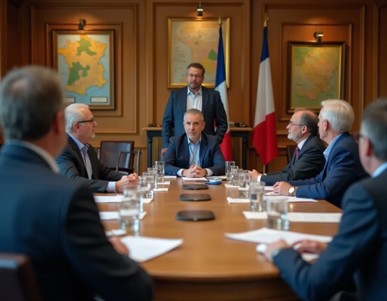 Réunion du conseil municipal avec des élus locaux autour d'une table pendant une séance officielle