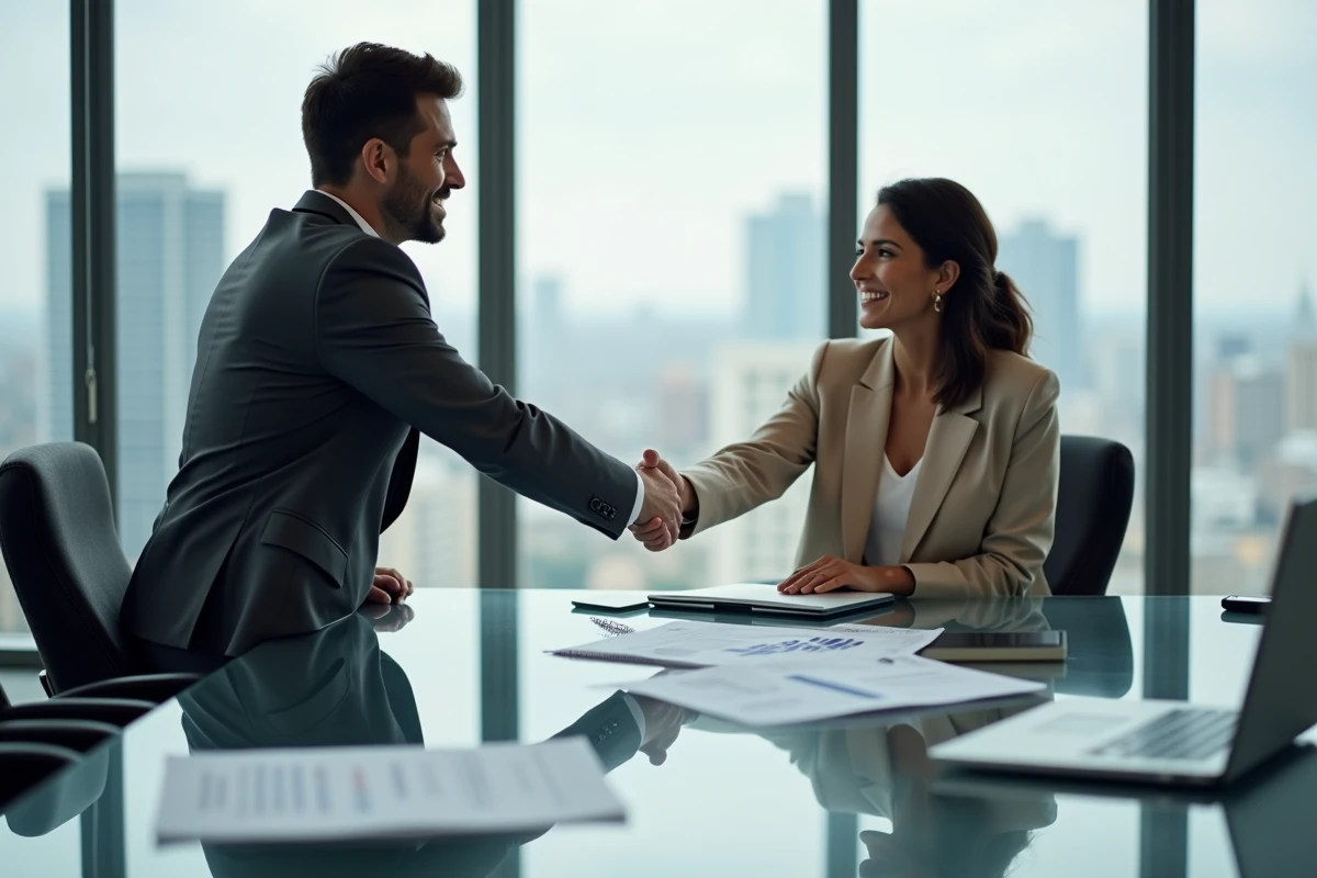Poignée de main entre deux professionnels lors d'une réunion de prospection commerciale B2B