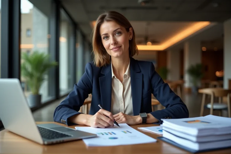 Professionnelle analysant des documents juridiques et fiscaux pour la location d'une salle de réception dans un bureau moderne