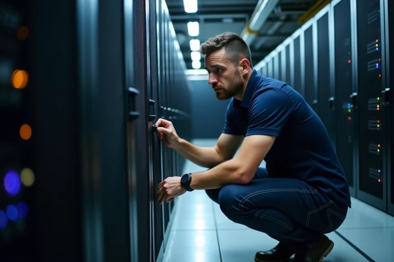 Technicien informatique inspectant un rack de serveurs dans une salle des serveurs d'entreprise