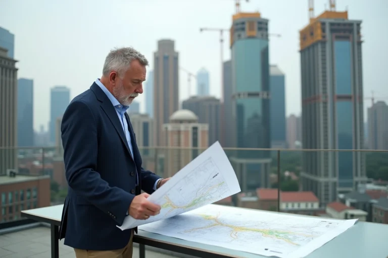 Urbaniste homme examine une carte sur un rooftop urbain