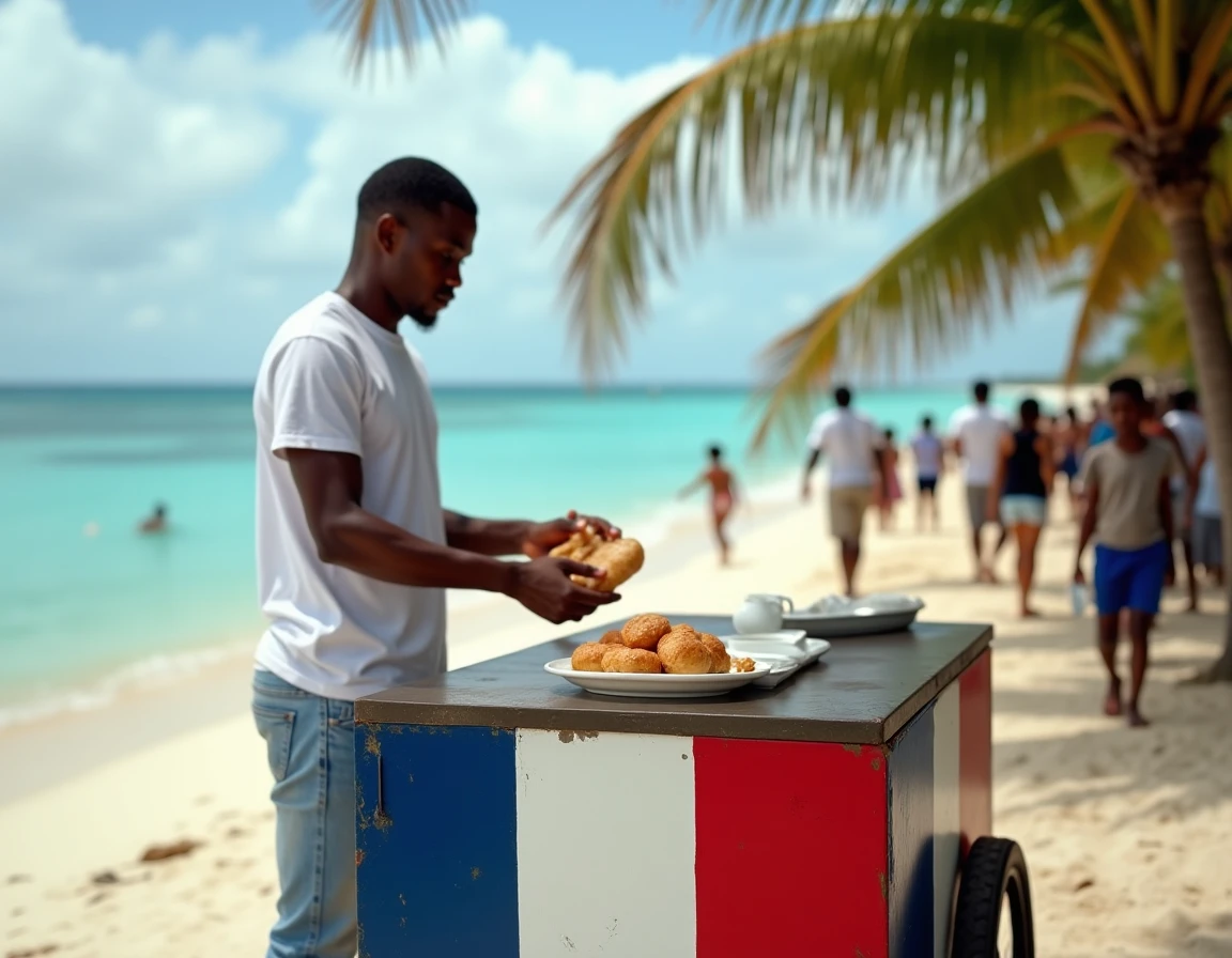 Vendeur martiniquais servant un bokit depuis un chariot de rue sur une plage de Sainte-Anne aux Antilles